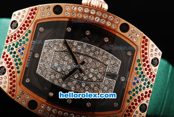 Richard Mille RM007 Rose Gold Case with Black/Diamond Dial-Diamond Hour Markers and Diamond Bezel-Green Leather Strap - Click Image to Close